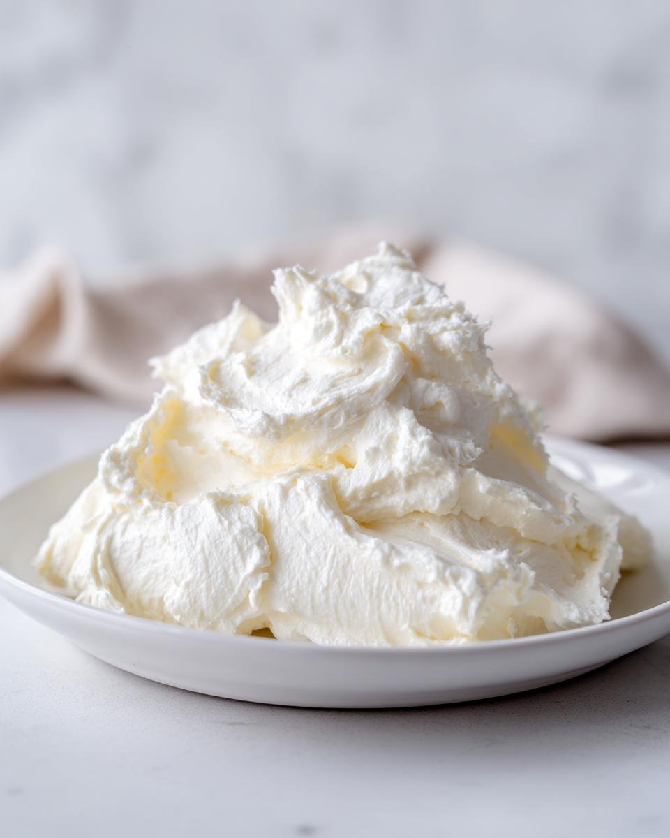 A generous mound of fluffy, white Irresistible Homemade Cream Cheese Frosting piled high on a white plate.