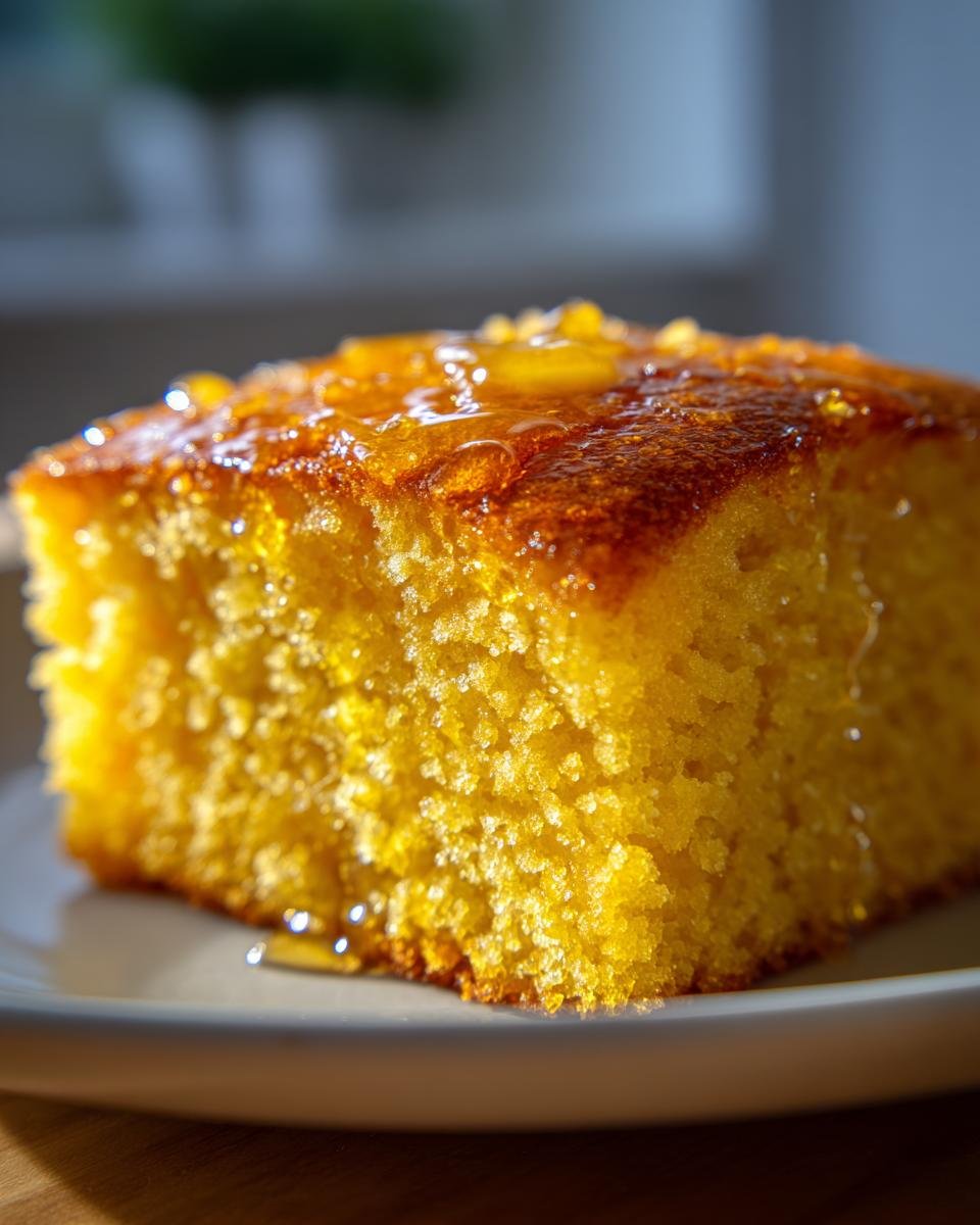 Close-up of a square slice of bright yellow, moist cornbread drizzled with honey butter, part of an Irresistible Honey Butter Cornbread Recipe.