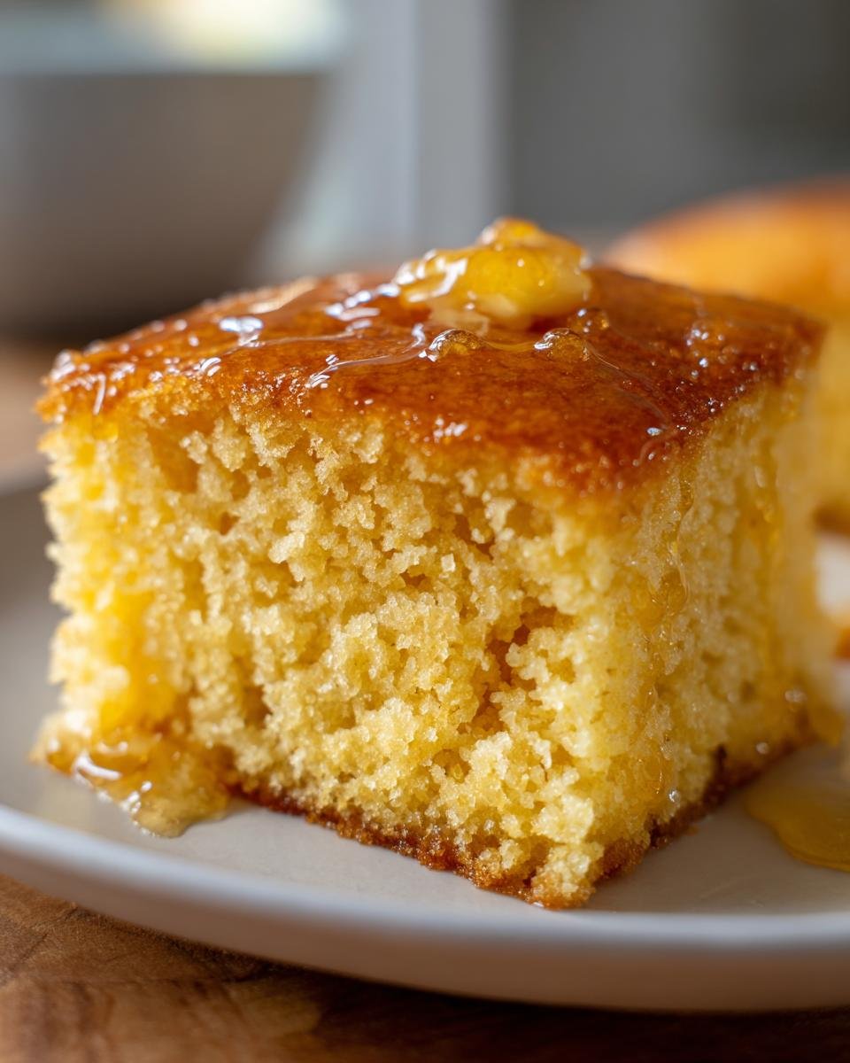 Close-up of a square slice of moist, yellow cornbread topped with melted honey butter.
