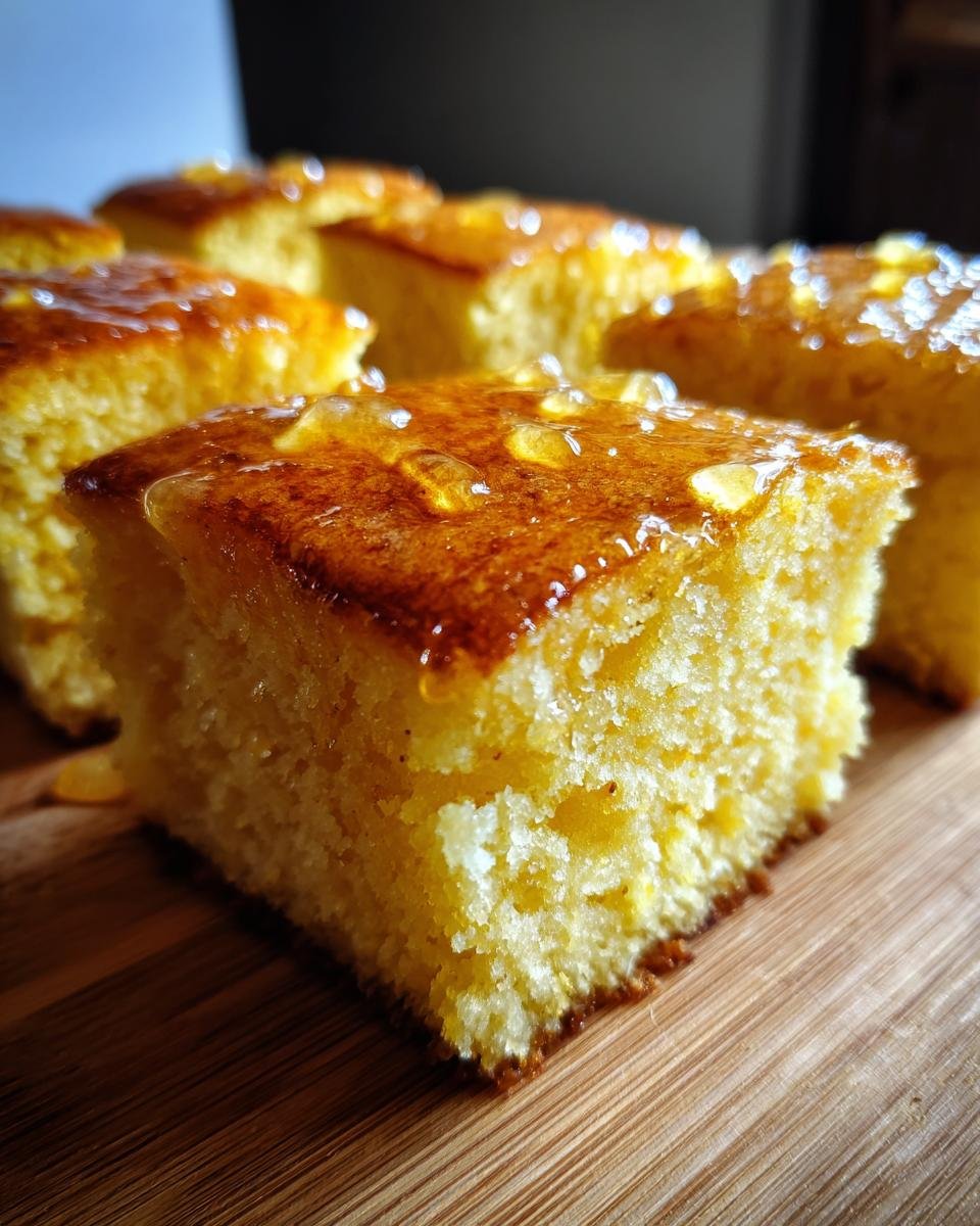 Close-up of a square slice of moist cornbread topped with glistening honey butter glaze, part of the Irresistible Honey Butter Cornbread Recipe.