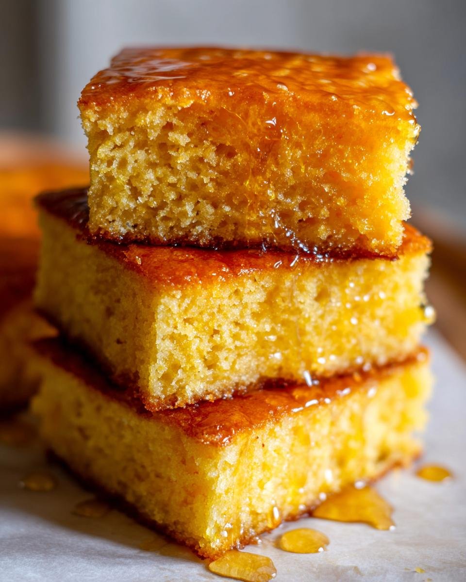 Close-up of three stacked squares of moist cornbread drizzled generously with honey butter for an Irresistible Honey Butter Cornbread Recipe.