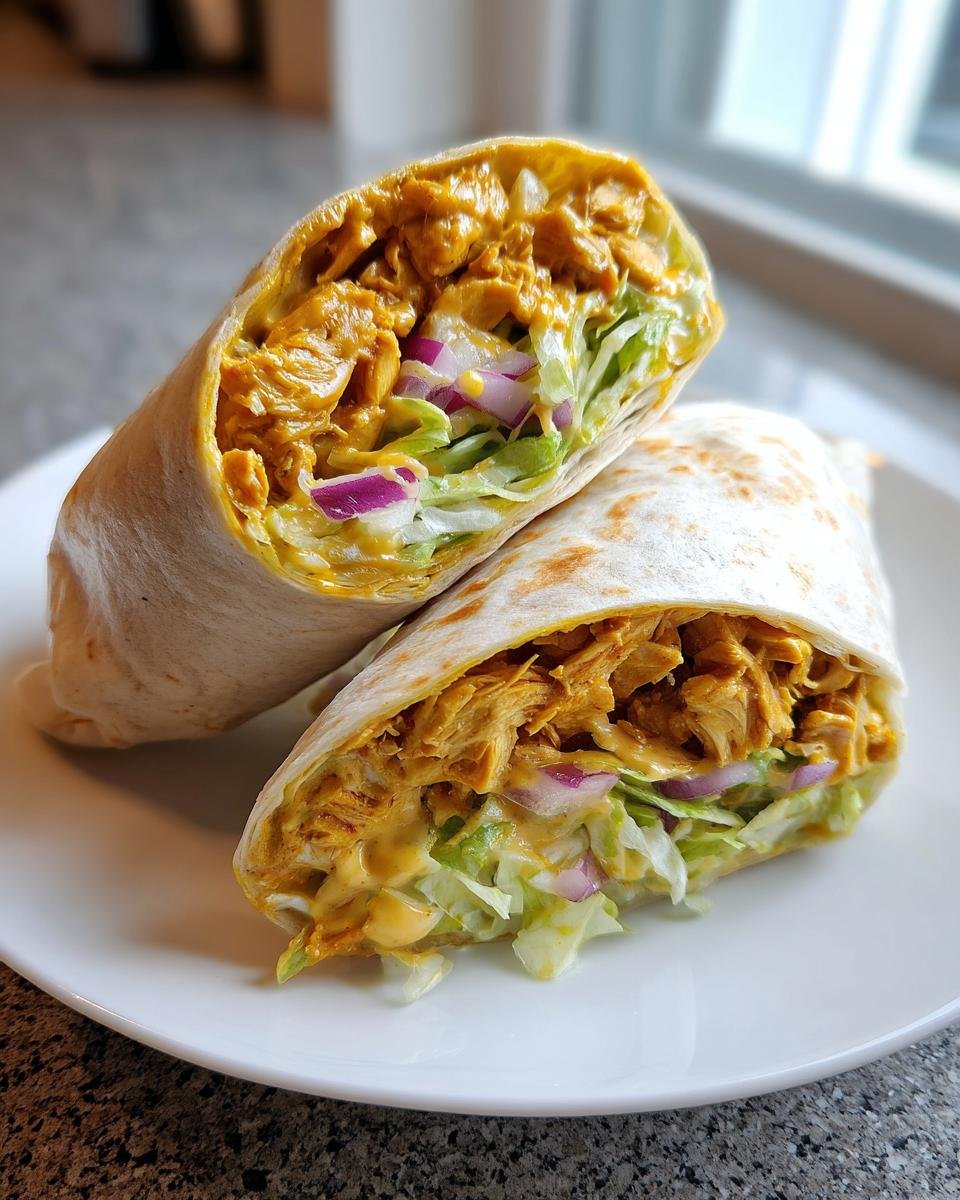Two halves of an Irresistible Honey Mustard Chicken Wraps Recipe showing shredded chicken, lettuce, and red onion inside a tortilla.