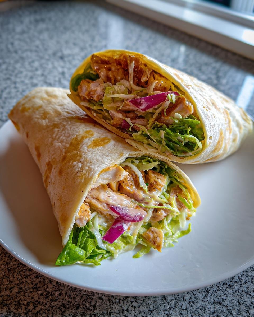 Two halves of an Irresistible Honey Mustard Chicken Wrap, filled with chicken, lettuce, and red onion, served on a white plate.