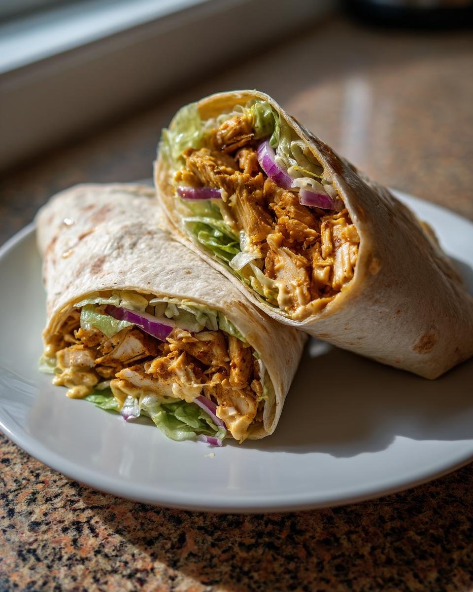 Two halves of Irresistible Honey Mustard Chicken Wraps filled with seasoned chicken, lettuce, and red onion on a white plate.