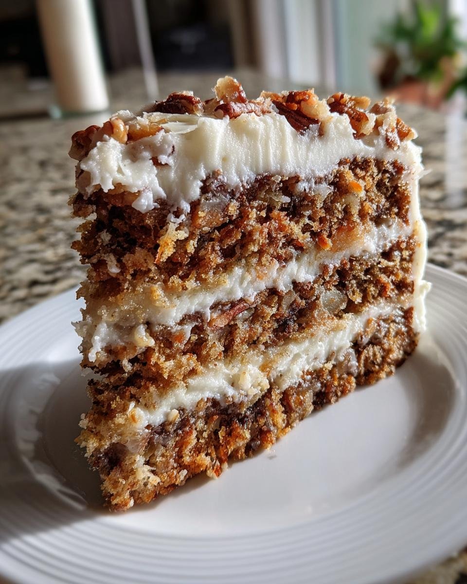 Close-up of a tall slice of Irresistible Hummingbird Cake showing three layers of cake and cream cheese frosting, topped with pecans.