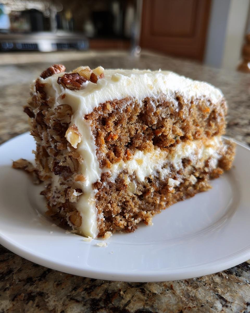 A close-up slice of Irresistible Hummingbird Cake Recipe with cream cheese frosting and pecans.