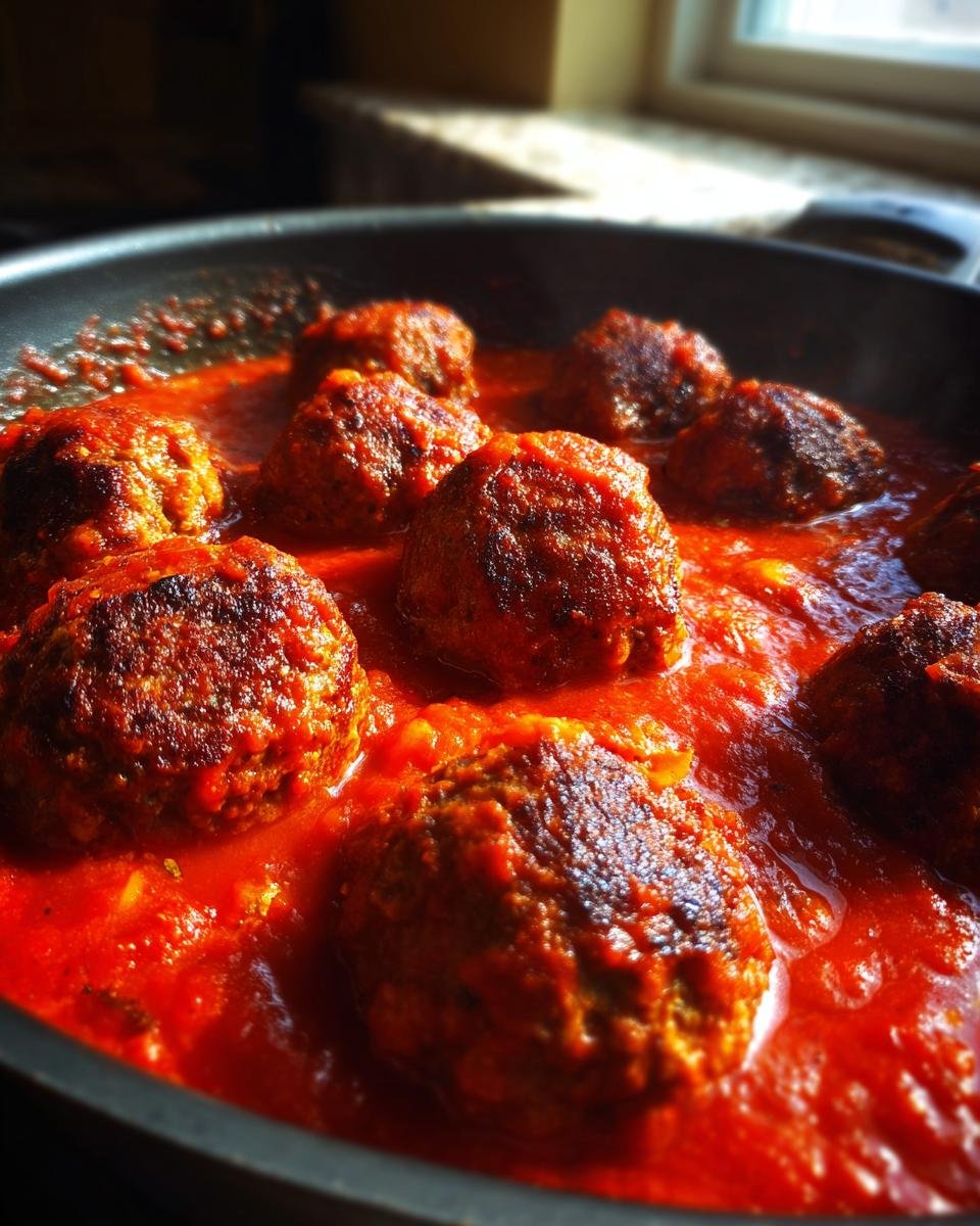 Close-up of browned Italian meatballs simmering deeply in a rich homemade marinara sauce in a dark skillet.