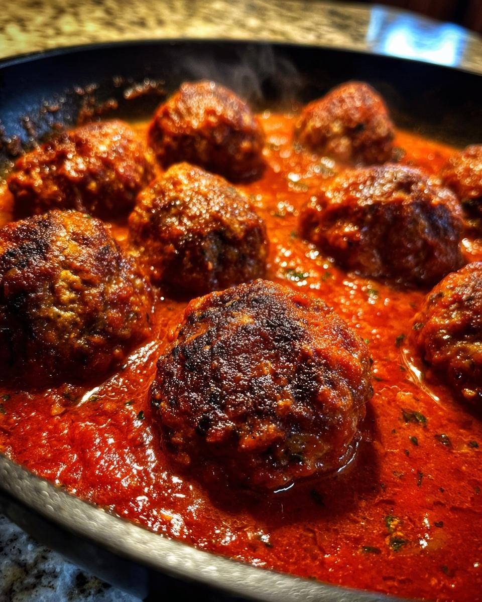 Close-up of seared Irresistible Italian Meatballs simmering in rich, homemade marinara sauce in a black skillet.