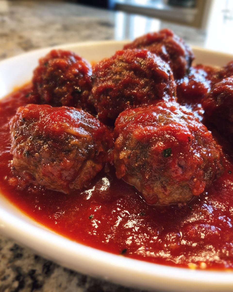 Close-up of several Irresistible Italian Meatballs simmering in a rich, homemade marinara sauce in a white bowl.