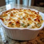 A close-up of the Irresistible Jalapeno Popper Dip Recipe, baked until bubbly with a golden, melted cheese topping.
