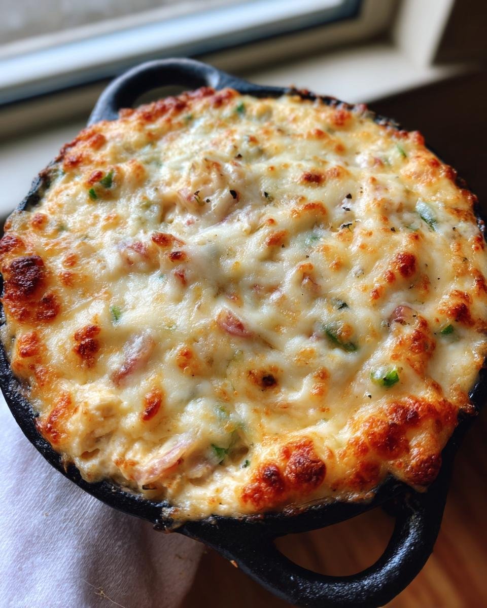 Close-up of hot, bubbly Irresistible Jalapeno Popper Dip topped with melted, browned cheese in a small cast iron skillet.