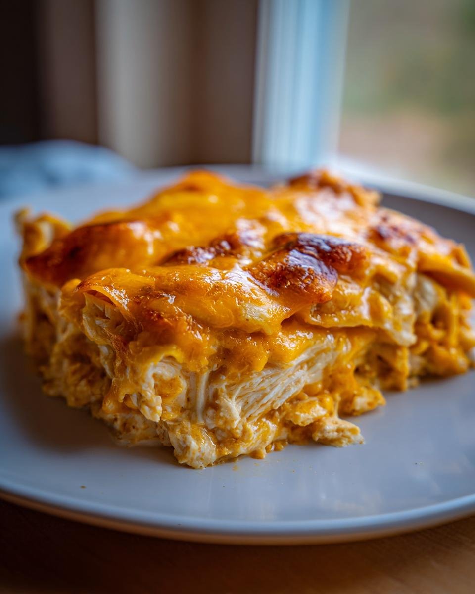 Close-up of a cheesy, layered serving of Irresistible King Ranch Chicken on a light blue plate.