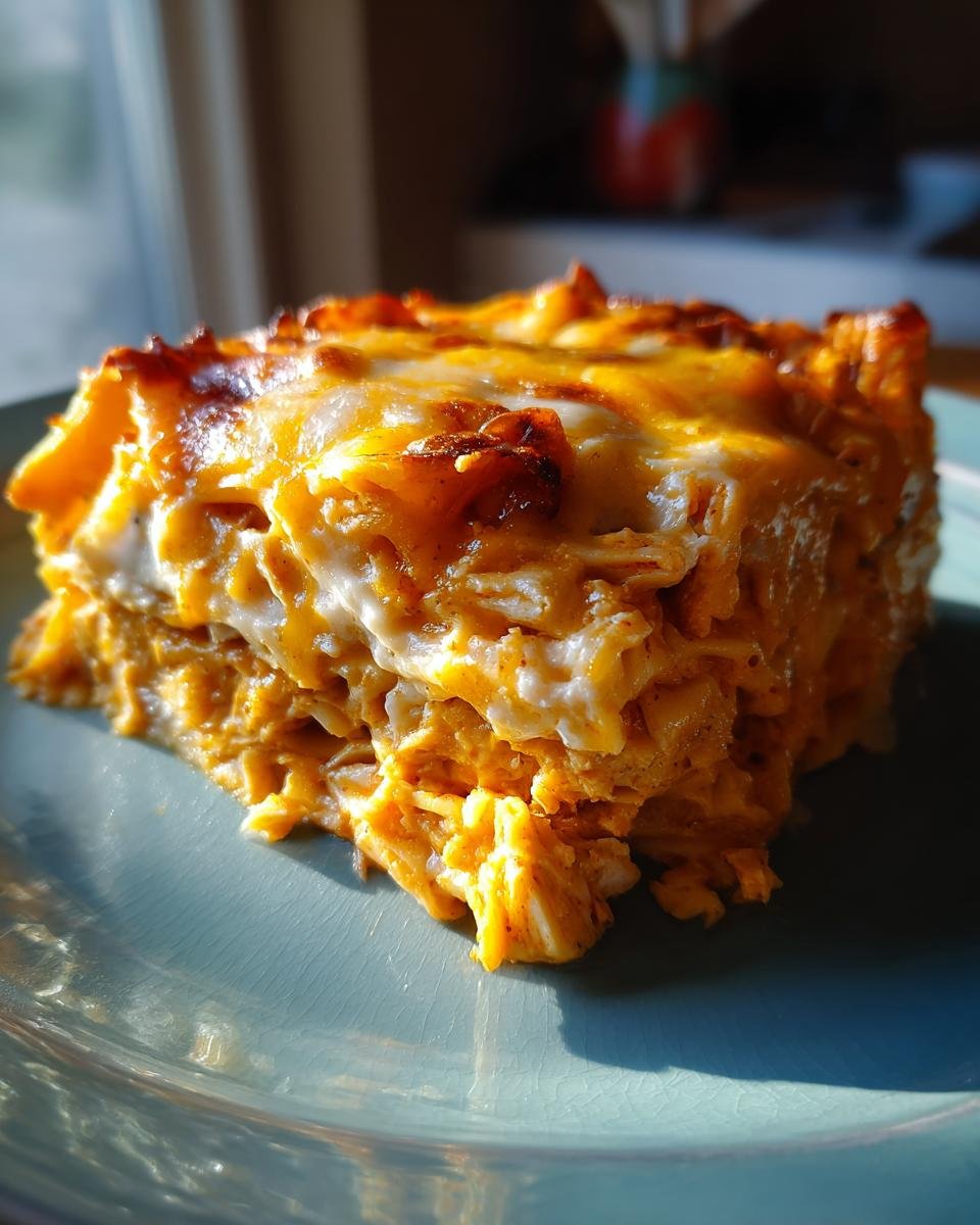 A close-up shot of a square serving of Irresistible King Ranch Chicken casserole with melted, browned cheese on top.
