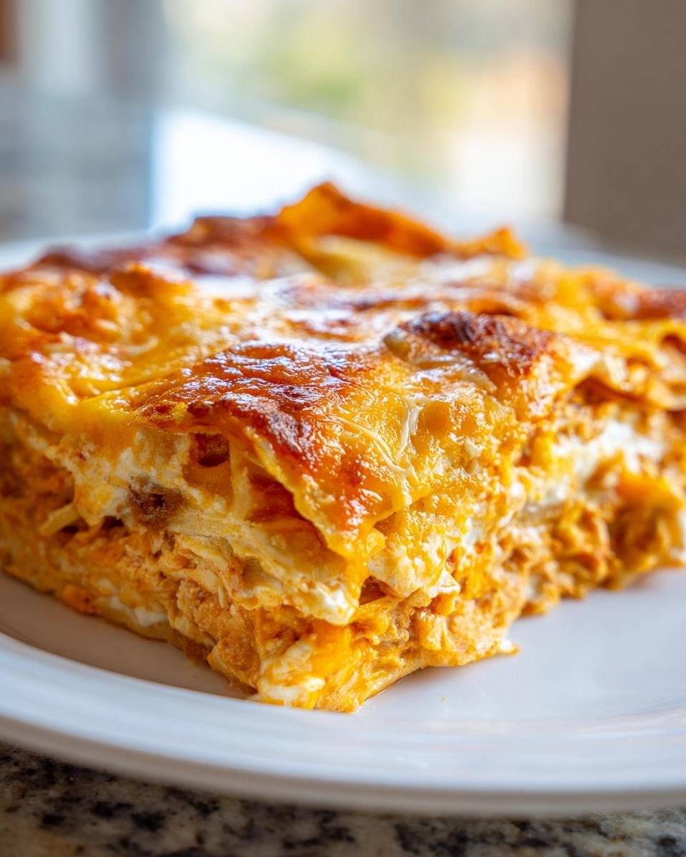 Close-up of a square serving of Irresistible King Ranch Chicken with a bubbly, golden-brown cheese topping.