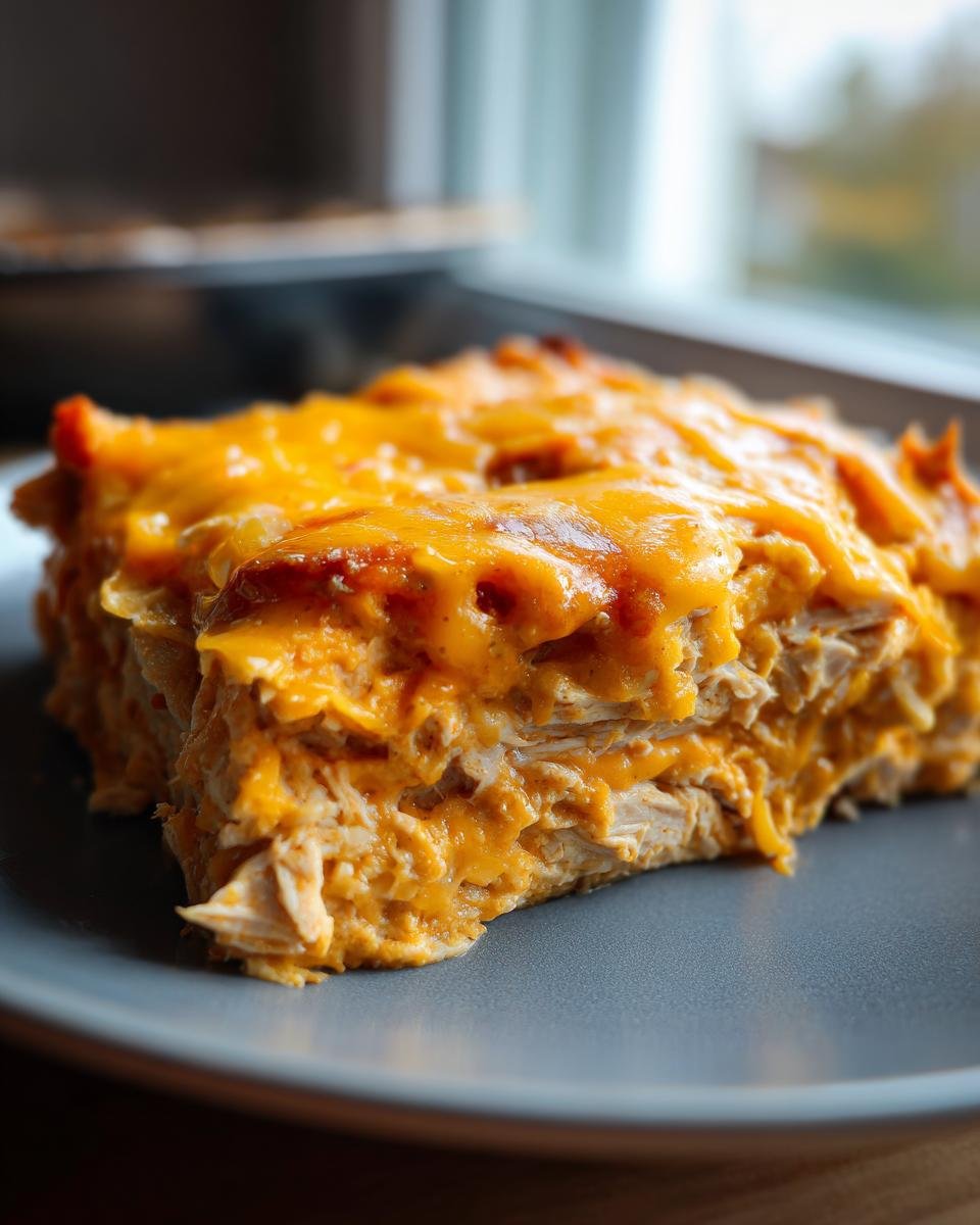 A generous slice of Irresistible King Ranch Chicken casserole topped with melted cheddar cheese on a gray plate.