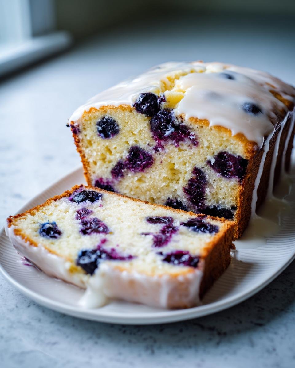 A slice and the loaf end of Irresistible Lemon Blueberry Bread topped with a thick white glaze.
