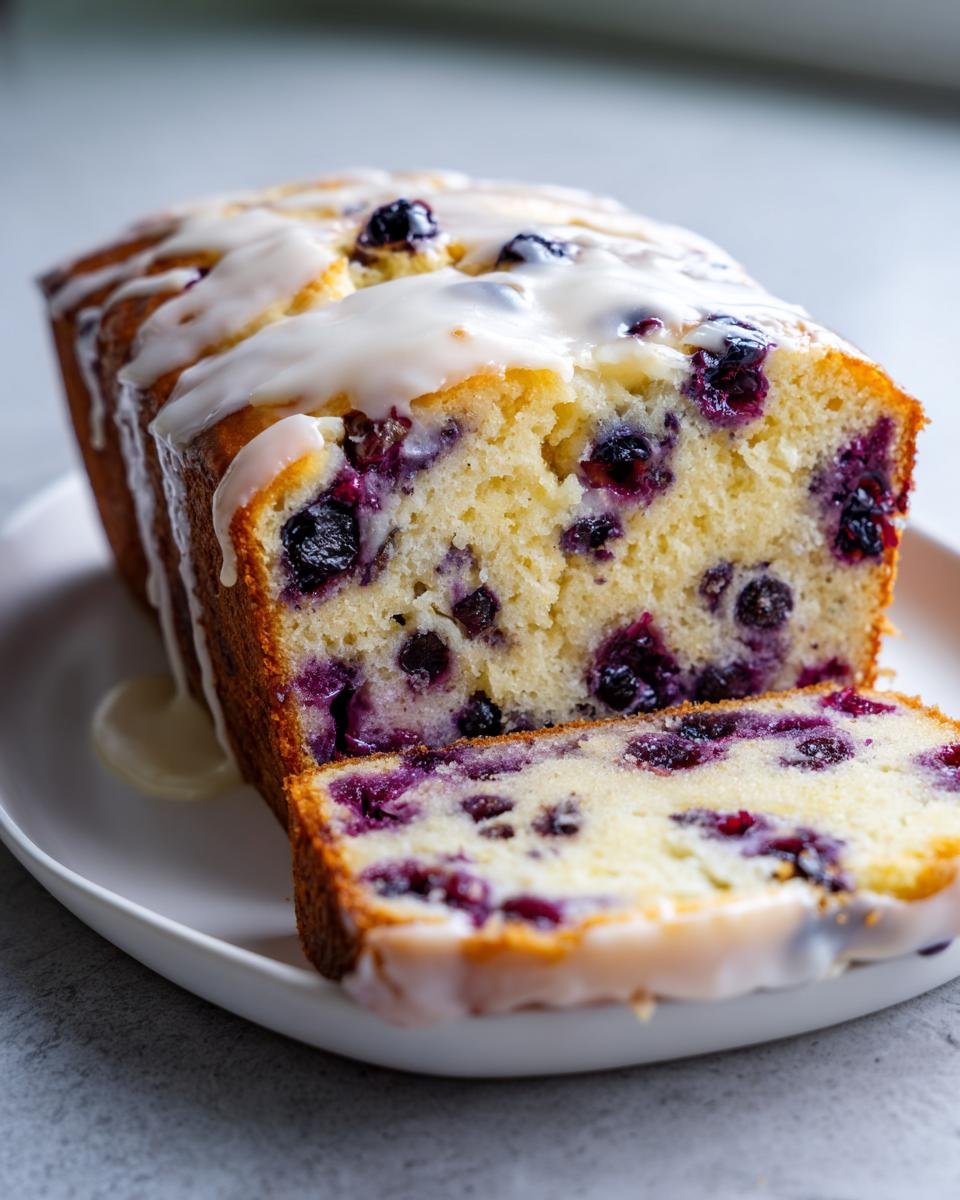 A loaf of Irresistible Lemon Blueberry Bread, sliced, topped with a thick white glaze.
