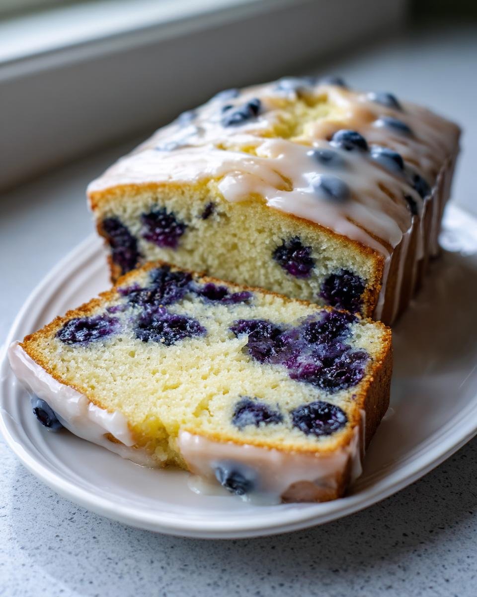 A loaf of Irresistible Lemon Blueberry Bread, partially sliced, showing moist crumb and blueberries, topped with lemon glaze.