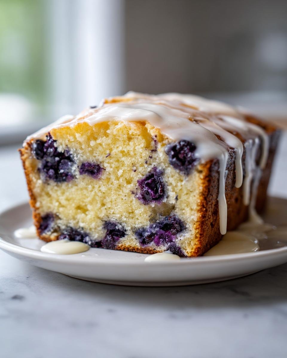 Close-up of a slice of Irresistible Lemon Blueberry Bread topped with a thick white lemon glaze.