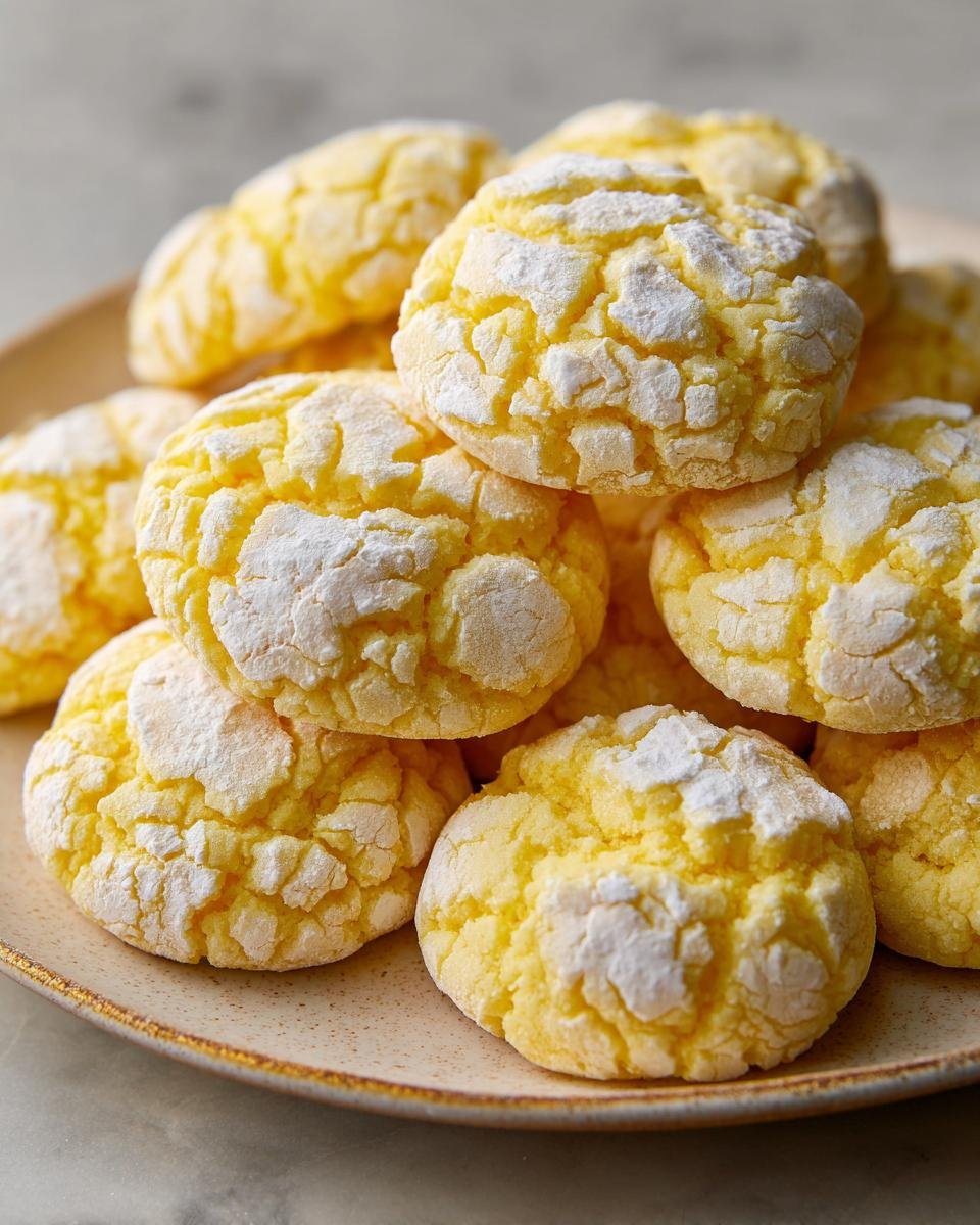 Close-up of a stack of bright yellow, powdered sugar-dusted Irresistible Lemon Crinkle Cookies.