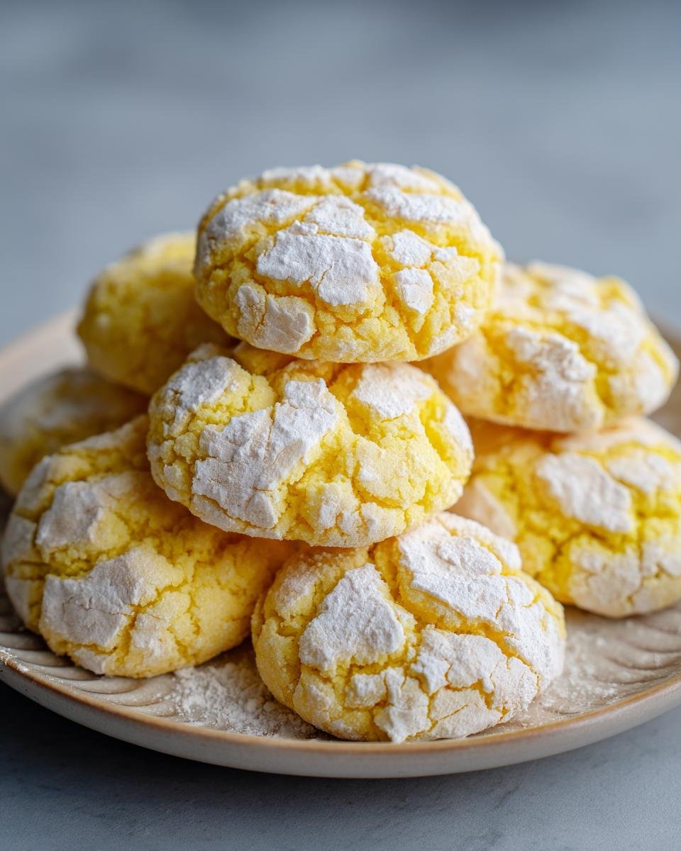A stack of bright yellow, powdered sugar-dusted Irresistible Lemon Crinkle Cookies on a neutral plate.