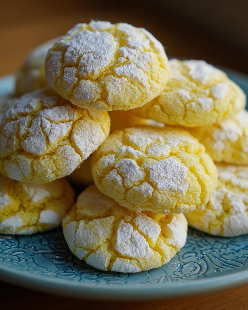 Close-up of a stack of bright yellow, crinkled Irresistible Lemon Crinkle Cookies dusted heavily with white powdered sugar.