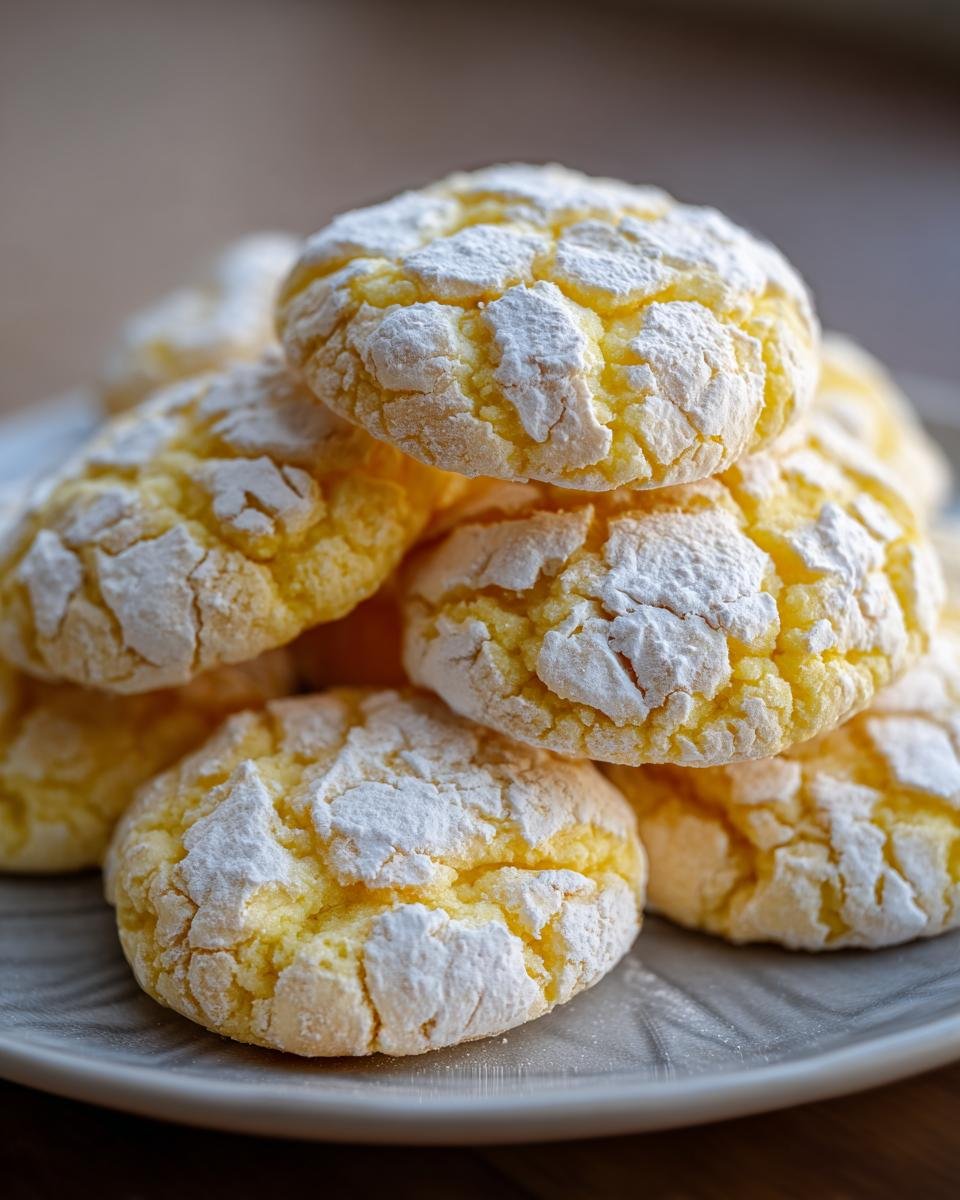A close-up stack of bright yellow, soft Irresistible Lemon Crinkle Cookies heavily dusted with white powdered sugar.