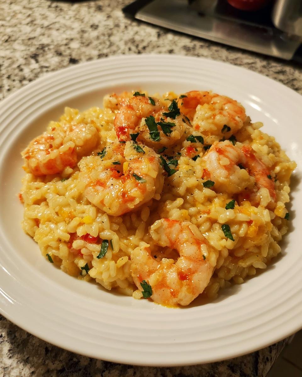 A creamy bowl of Irresistible Lemon Garlic Shrimp Risotto topped with perfectly cooked shrimp and parsley.