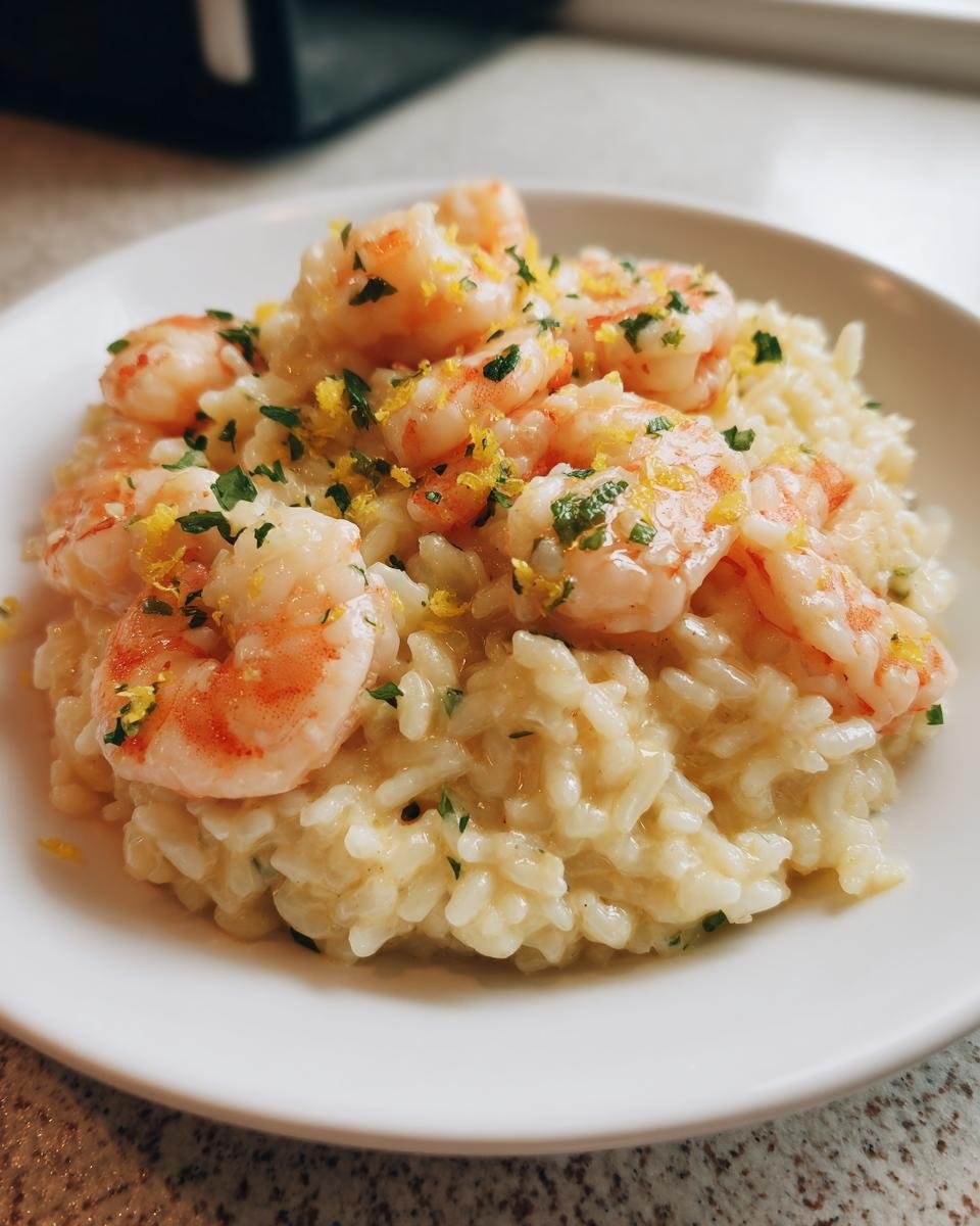 A creamy bowl of Irresistible Lemon Garlic Shrimp Risotto topped with pink shrimp and lemon zest.