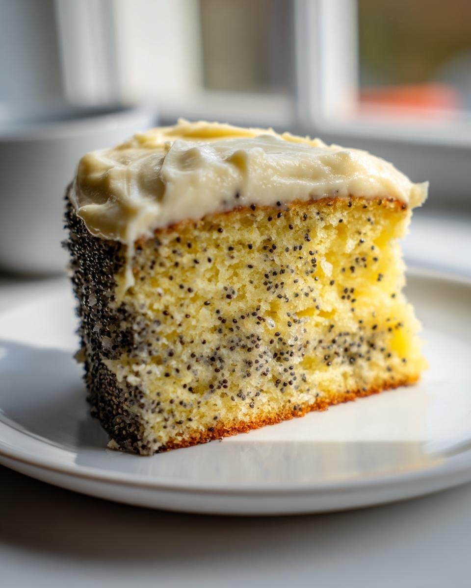 Close-up of a moist slice of Irresistible Lemon Poppy Seed Cake topped with thick cream cheese frosting.
