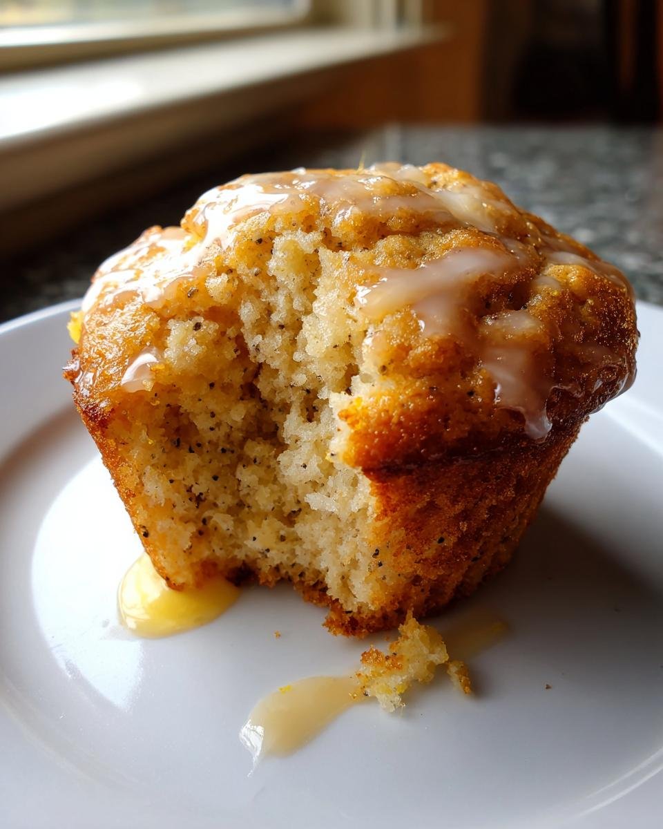 A close-up of an Irresistible Lemon Poppy Seed Muffin with a bite taken out, showing the crumb and lemon glaze.