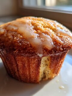 A close-up of an Irresistible Lemon Poppy Seed Muffin topped with a shiny lemon glaze, sitting on a white plate.