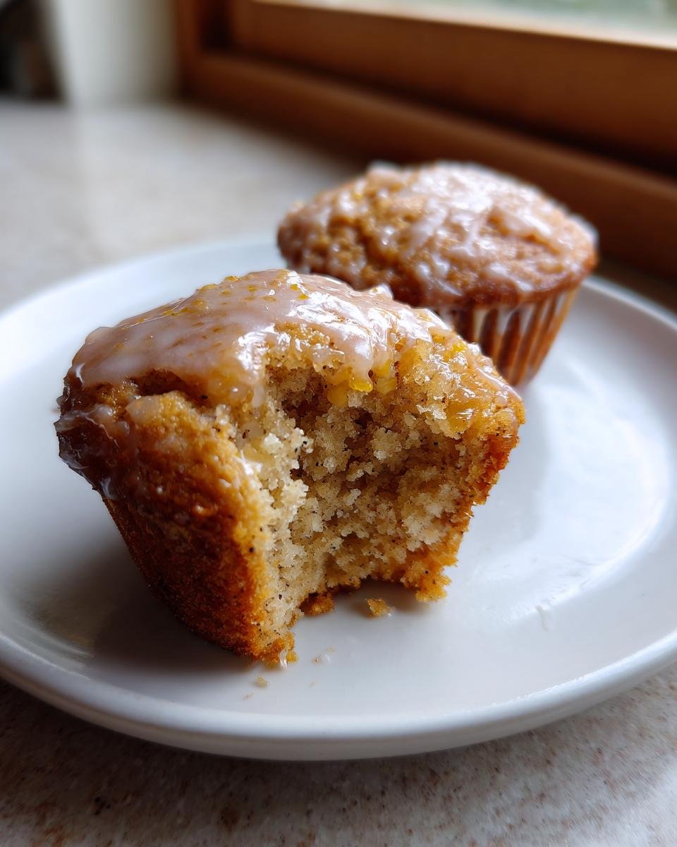 Close-up of an Irresistible Lemon Poppy Seed Muffin with a bite taken out, showing the moist interior and lemon glaze.