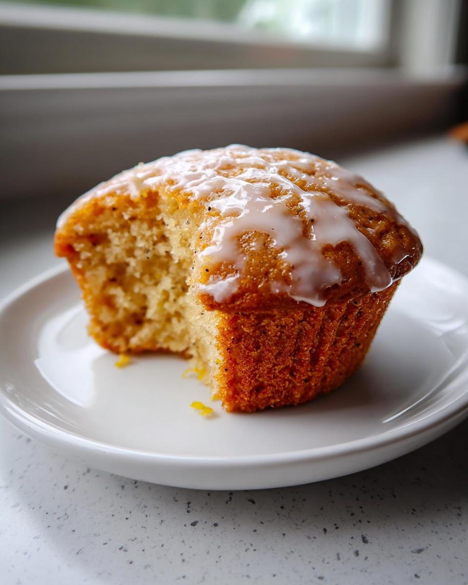 A close-up of an Irresistible Lemon Poppy Seed Muffins with a bite taken out, drizzled with bright lemon glaze.