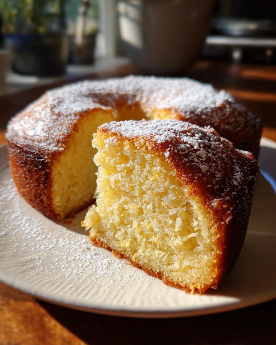 Close-up of a slice cut from an Irresistible Lemon Ricotta Cake, dusted with powdered sugar.