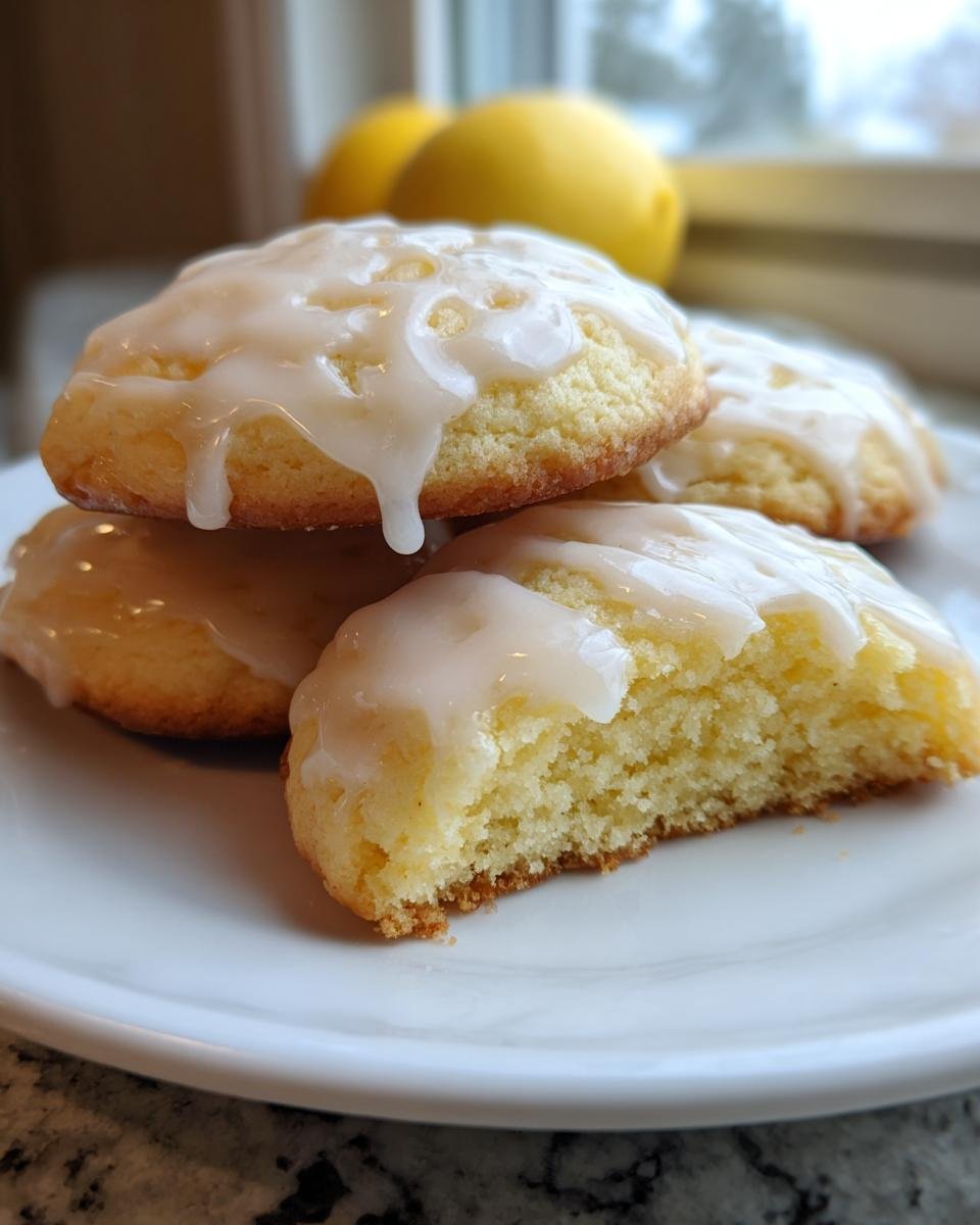 Close-up of Irresistible Lemon Ricotta Cookies stacked on a white plate, one is broken open showing soft texture.