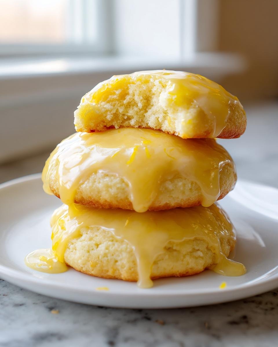 A stack of three Irresistible Lemon Ricotta Cookies, dripping with thick lemon glaze, one on top has a bite taken out.
