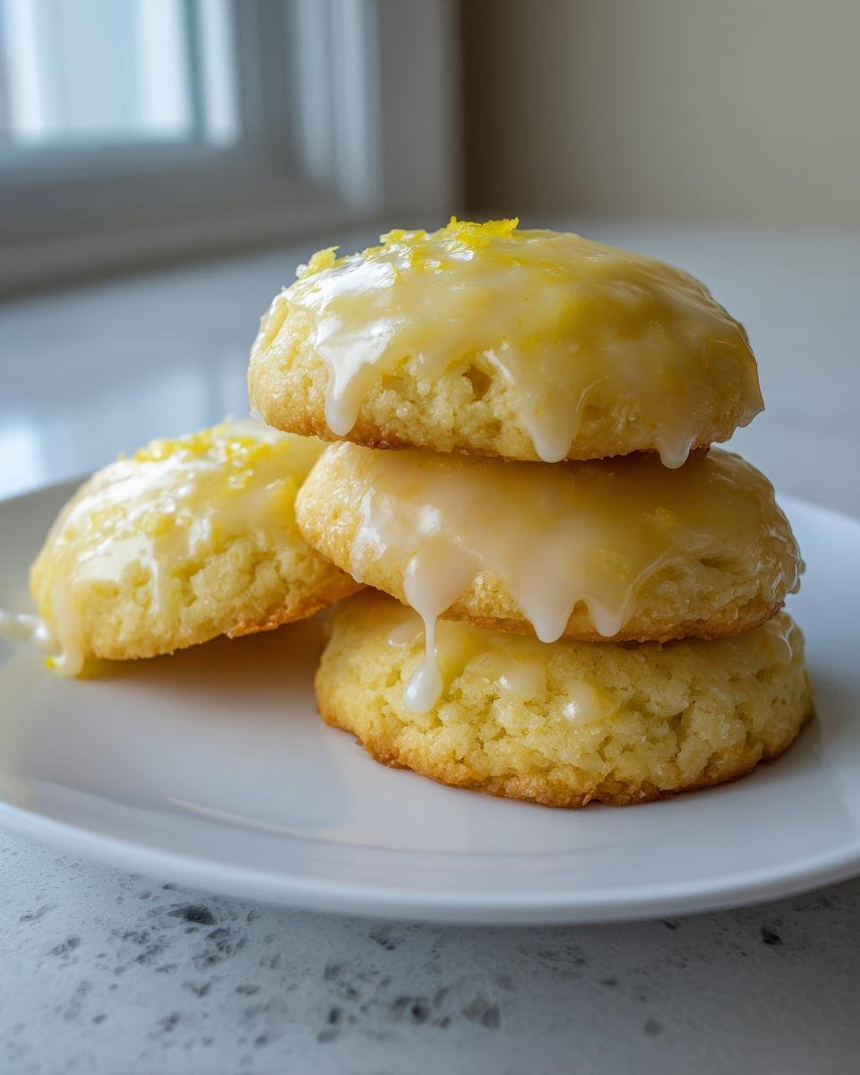 A stack of three Irresistible Lemon Ricotta Cookies topped with a thick, dripping lemon glaze and zest.