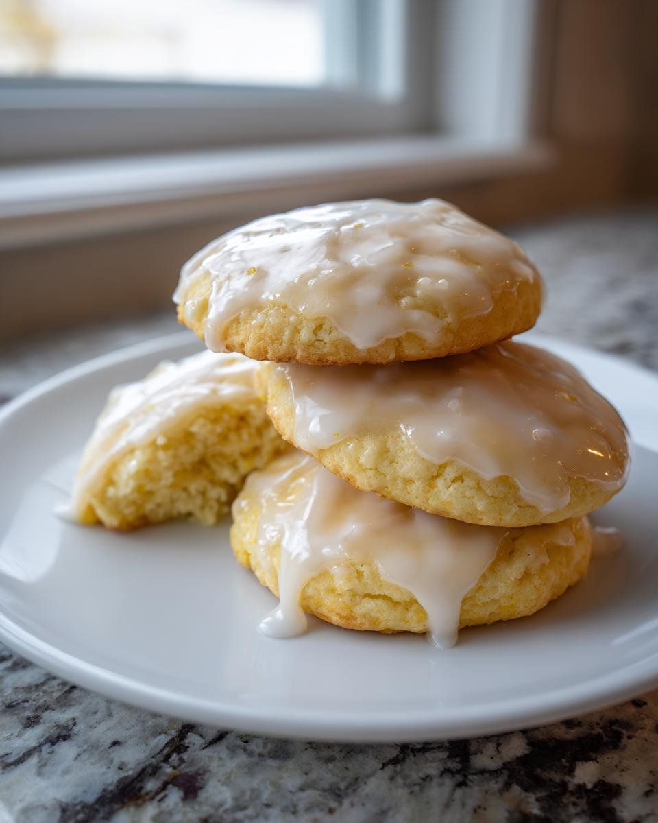A stack of three soft, glazed Irresistible Lemon Ricotta Cookies on a white plate.