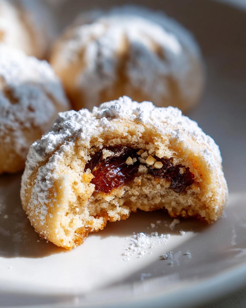 Close-up of a bitten Irresistible Maamoul Date Nut Cookies, revealing rich date filling and nuts, dusted with powdered sugar.
