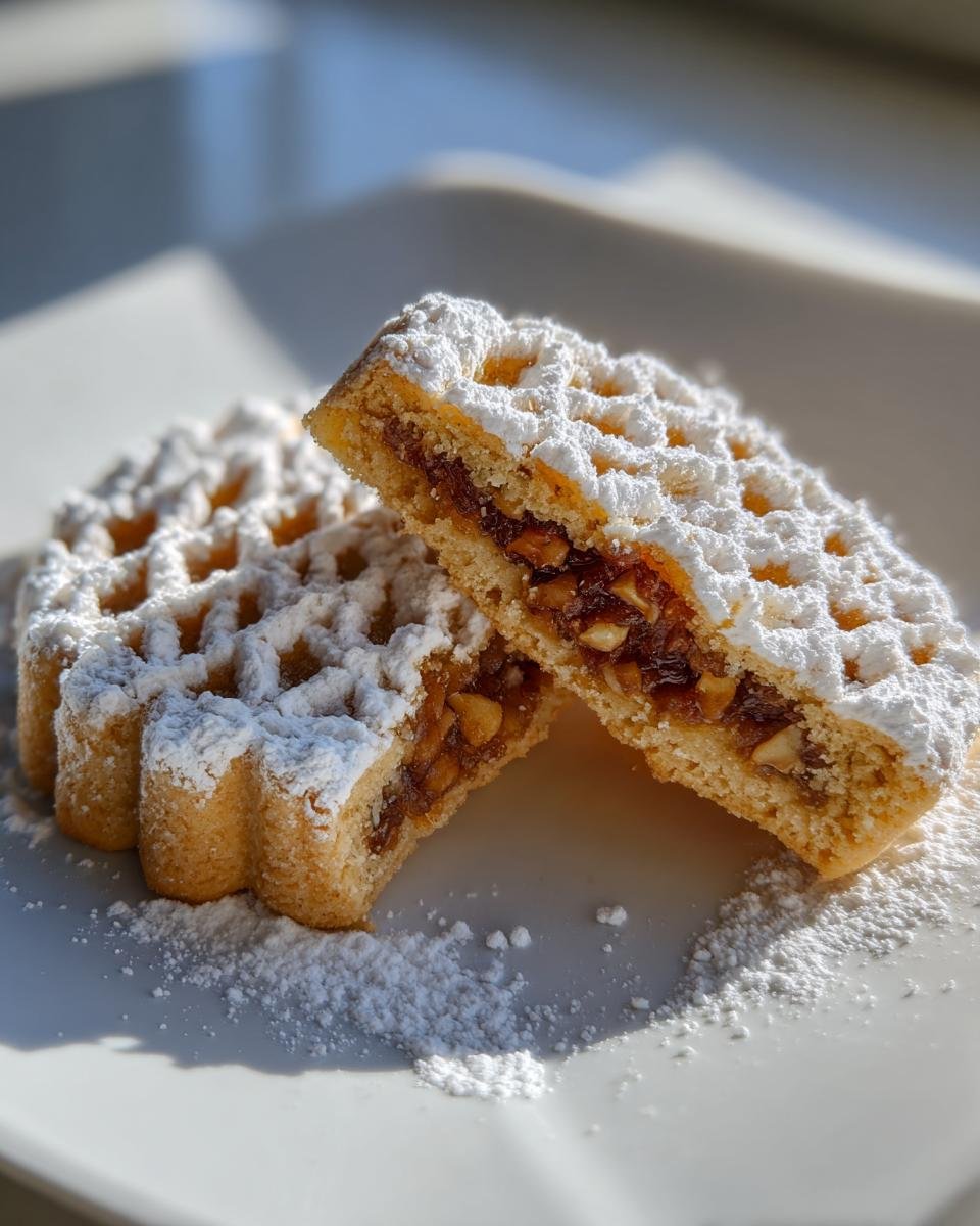 Close-up of Irresistible Maamoul Date Nut Cookies cut open, showing date and nut filling, dusted with powdered sugar.