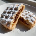 Close-up of Irresistible Maamoul Date Nut Cookies cut to show the rich date and nut filling, dusted with powdered sugar.