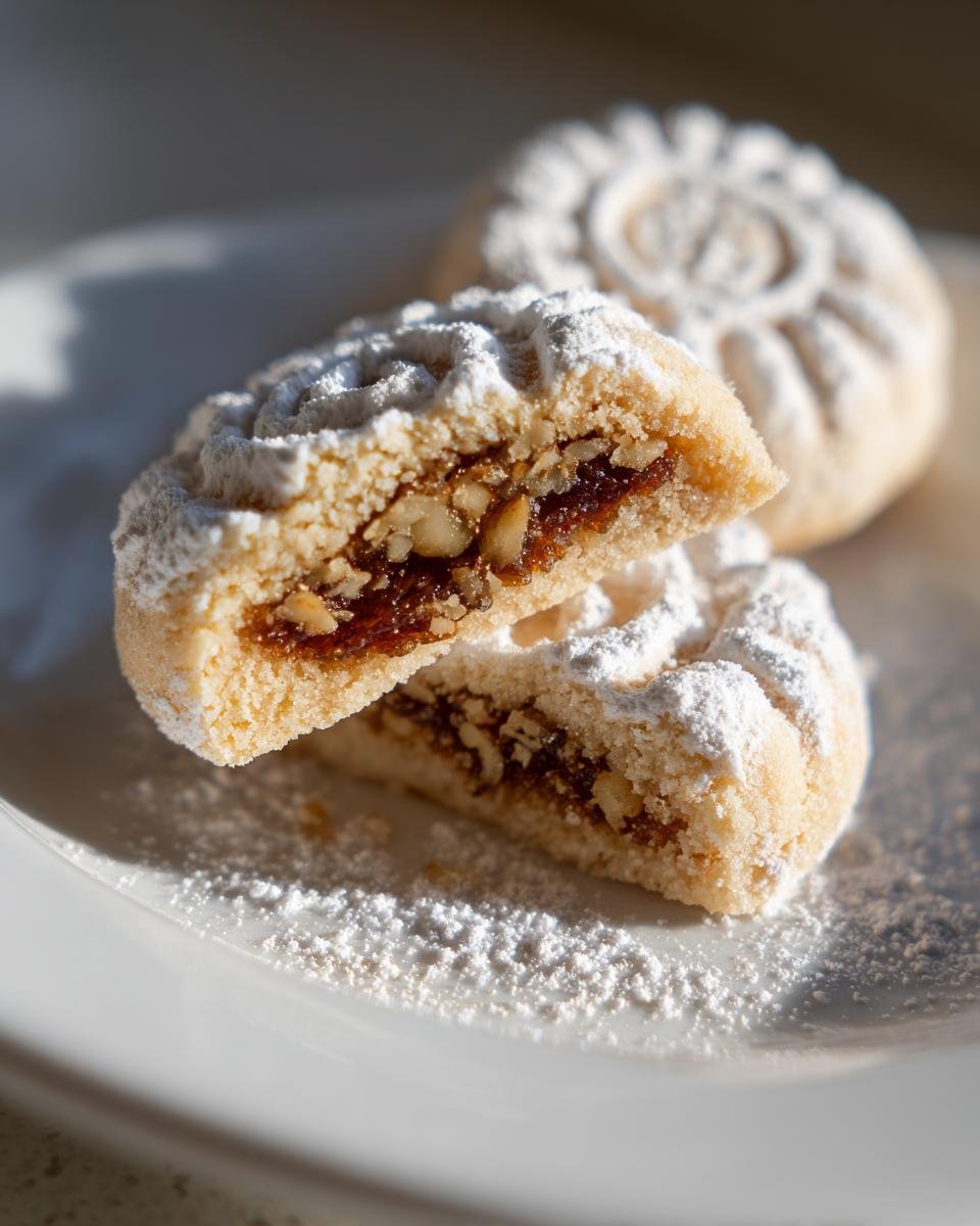 Close-up of an Irresistible Maamoul Date Nut Cookie cut in half showing the date and nut filling, dusted with powdered sugar.