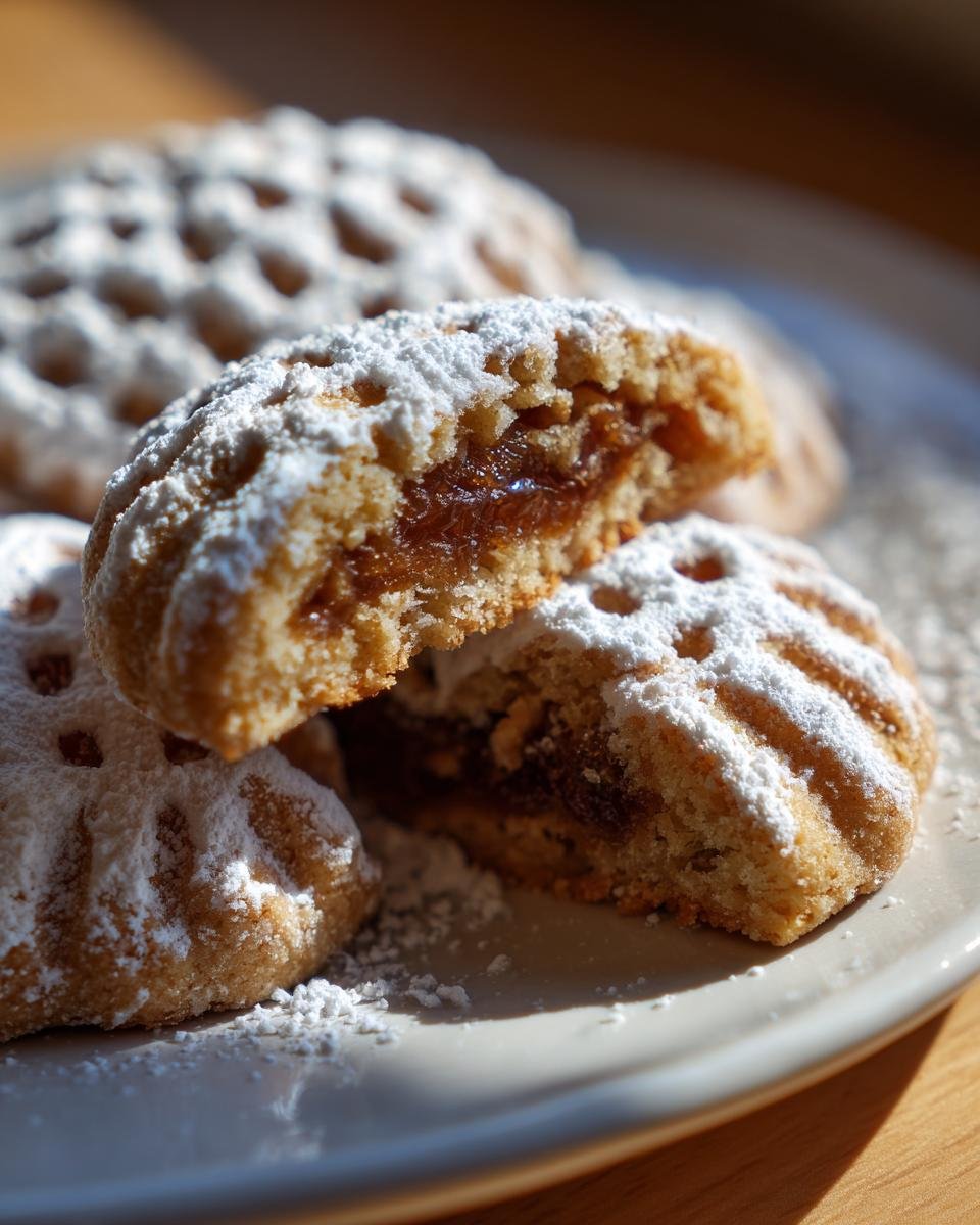 Close-up of Irresistible Maamoul Date Nut Cookies dusted with powdered sugar, one cookie broken open showing the date filling.