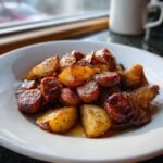 A white bowl filled with golden roasted potatoes and sliced sausage from the Irresistible Maple Sage Sausage Potato Skillet Recipe.