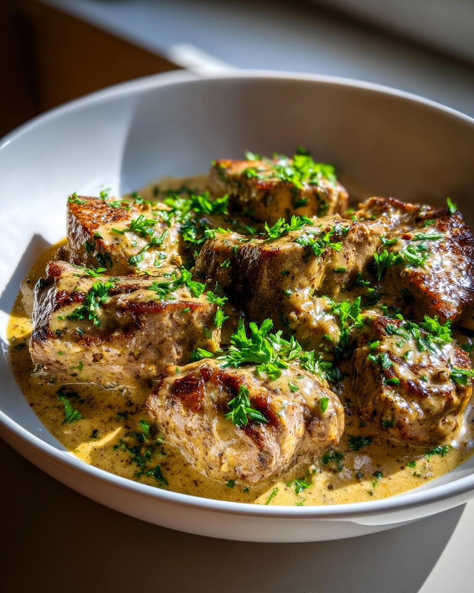 Close-up of seared pork tenderloin medallions smothered in a creamy sauce and topped with fresh parsley, part of the Irresistible Marry Me Pork Tenderloin Recipe.