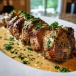 Slices of seared Irresistible Marry Me Pork Tenderloin covered in a creamy sauce and garnished with fresh parsley.