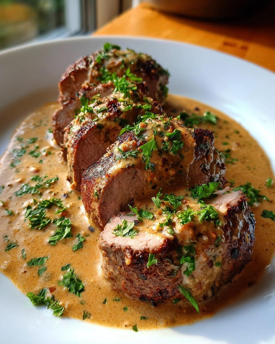Slices of Irresistible Marry Me Pork Tenderloin Recipe covered in creamy sauce and fresh parsley.