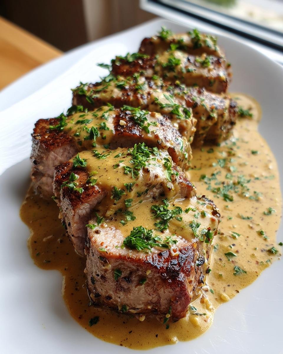 Slices of seared pork tenderloin covered in a creamy sauce and fresh parsley, ready for the Irresistible Marry Me Pork Tenderloin Recipe.
