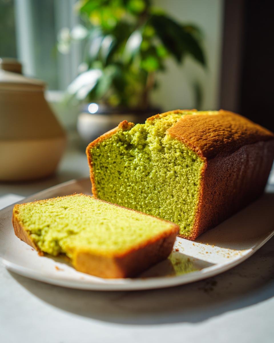 A vibrant green, Irresistible Matcha Cake Recipe loaf, partially sliced on a white plate.